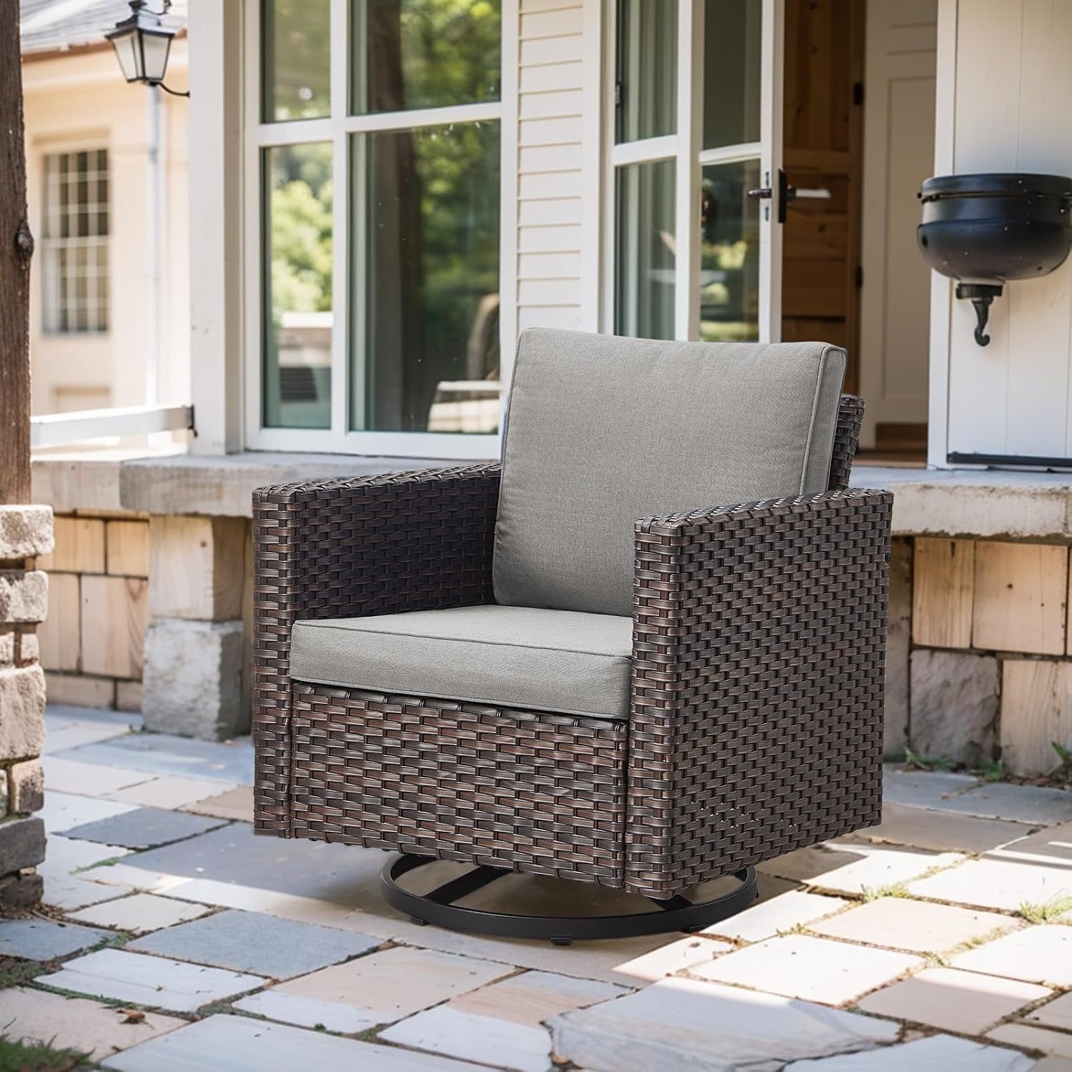 Outdoor Swivel Rocker Patio Chair-All-Weather Rattan Wicker Outdoor Swivel Chair Patio Chairs for Deck Porch Garden Balcony-Brown/Grey
