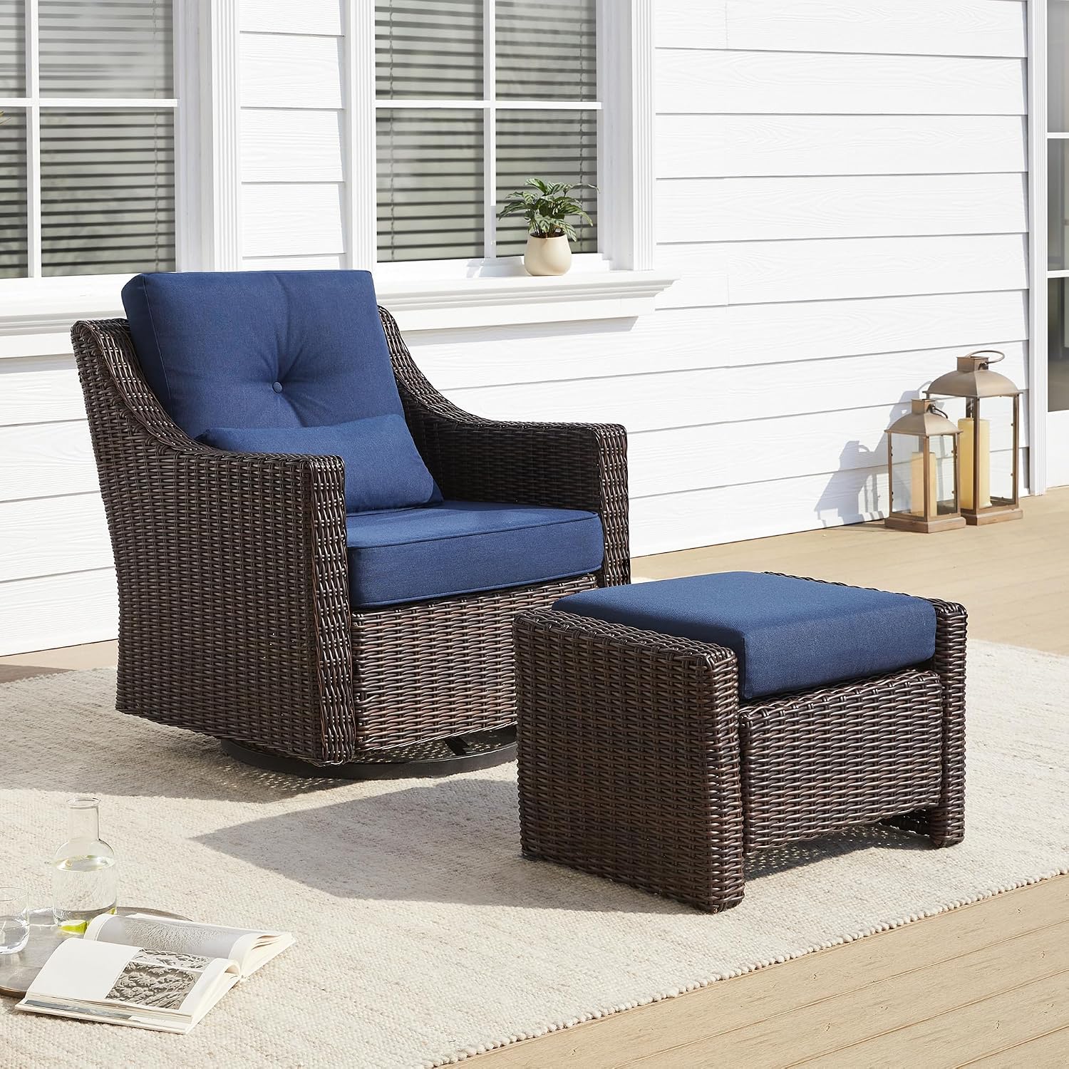 CHITA 2 Pieces Patio Wicker Furniture Set, Outdoor Rattan Bistro Set with Rocking Swivel Chair, Thickened Cushions and Ottoman