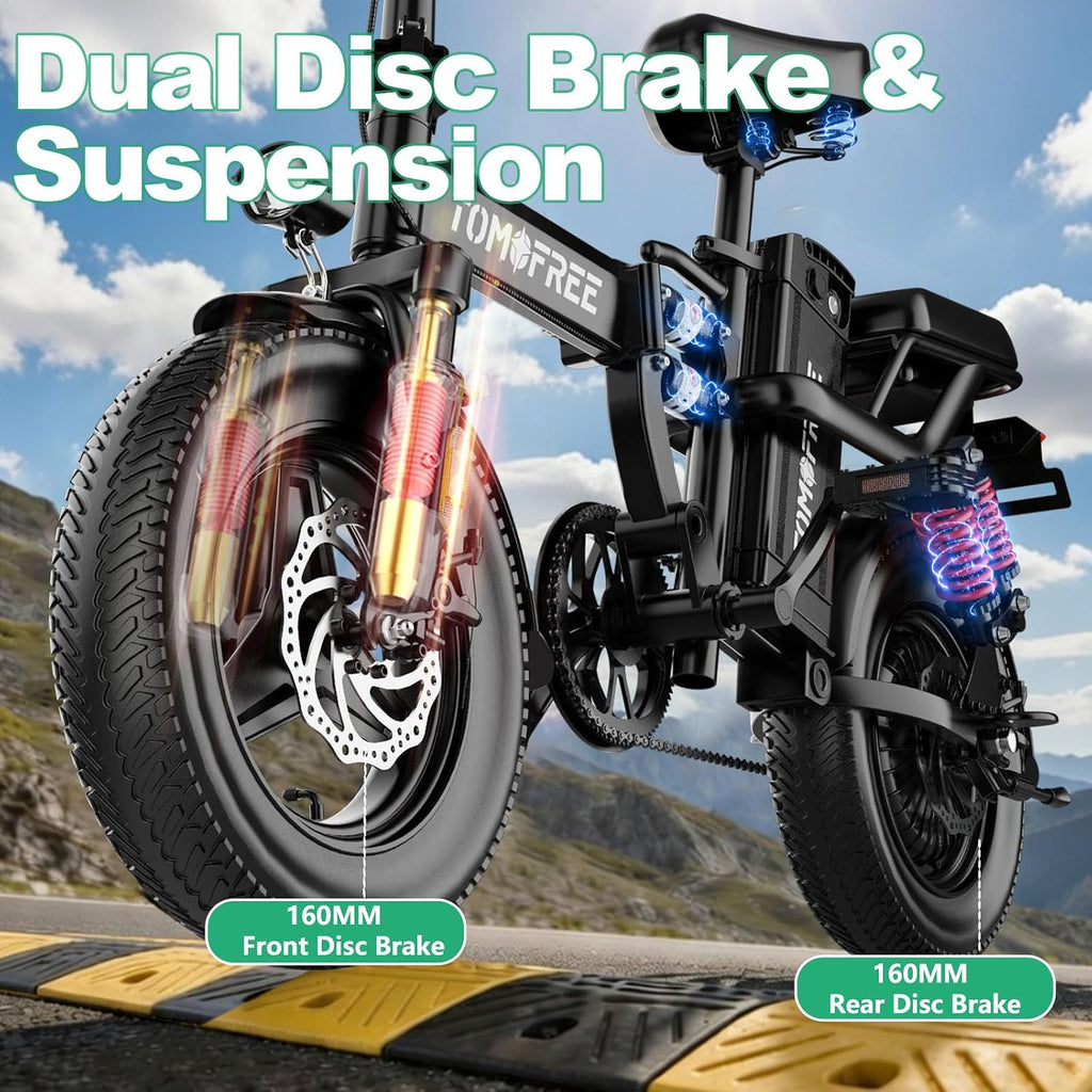 Tomofree Folding Electric Bike for Adults 20MPH Peak 750W EBike, 48V 20AH Removable Battery for Electric Bicycles,35-75Miles PAS Range, 10 Shock Absorbers, 14'' Fat Tire Foldable E-Bike, PAS E Bike
