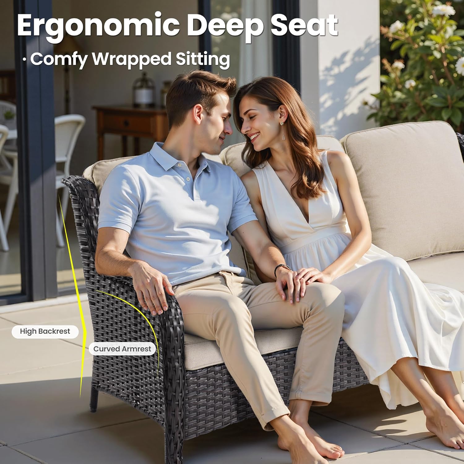 ovios 7 Pieces Patio Furniture Set with Swivel Rocking Chairs, Outdoor Wicker Sofa Couch Glass Coffee Table, All Weather High Back Modern Conversation Set, Brown Rattan, Beige