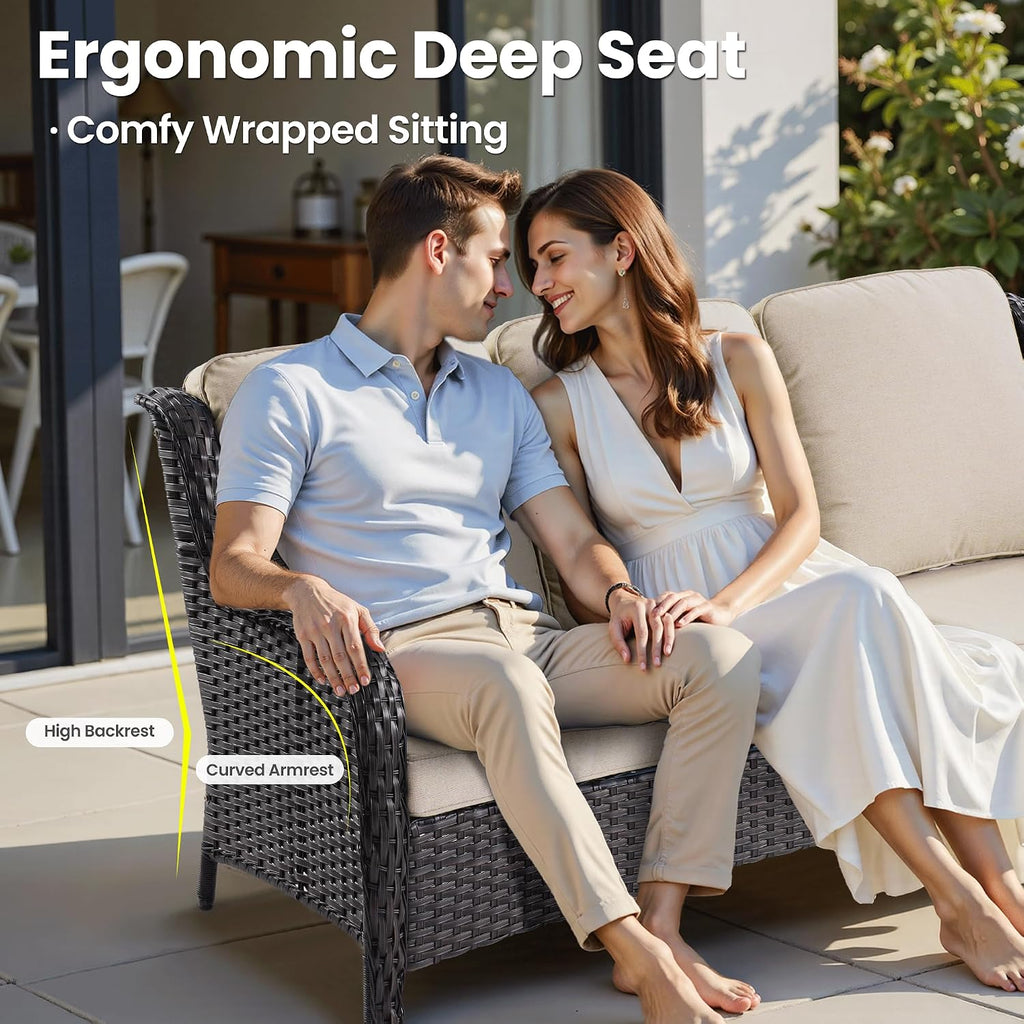 ovios 7 Pieces Patio Furniture Set with 42 inch Fire Pit Table, Outdoor Wicker Sofa Couch Swivel Rocking Glider Chairs, Modern Luxury Conversation Set, Brown Wicker, Beige