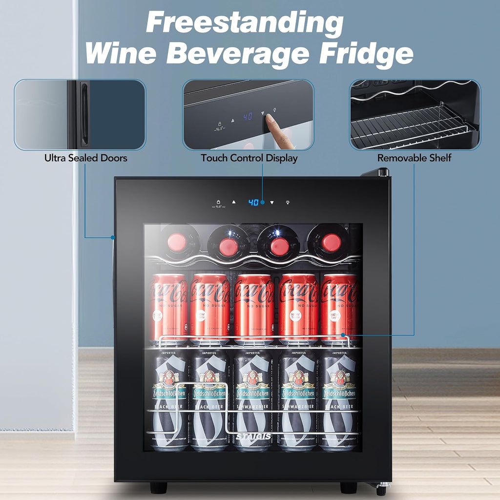 Beverage Refrigerator, 1.6 Cu.ft Mini Fridge w/ 120 Can Capacity, Small Cooler for Home - Freestanding, Glass Door Black