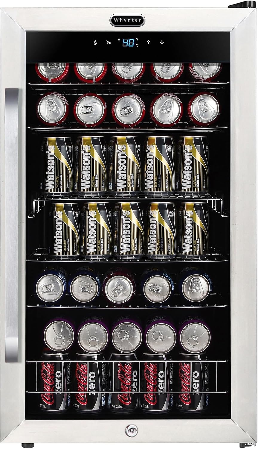 Whynter Beverage Refrigerator with Double-Layer Glass Door, 136-Can 3.4 Cu. Ft. Drink Mini Fridge with Lock & Digital Control, BR-1211DS, Stainless Steel