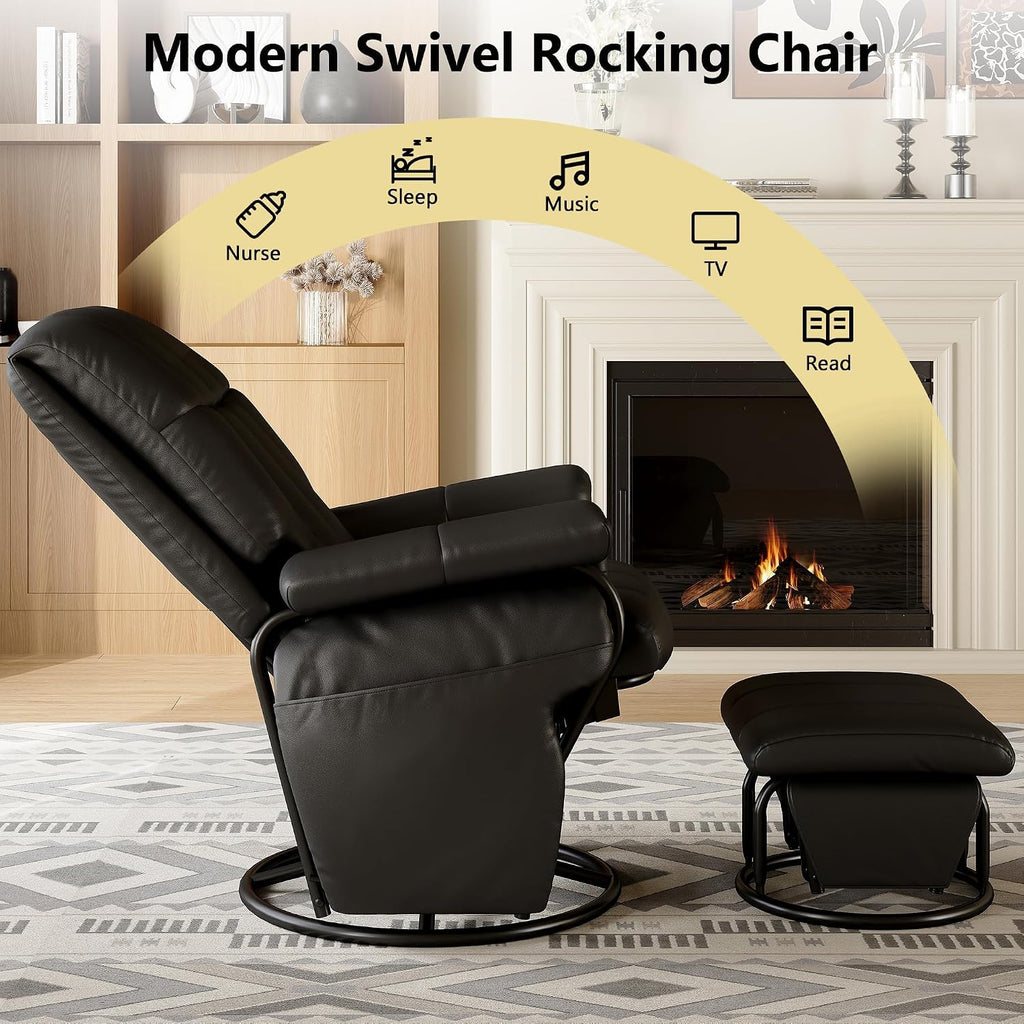 AODAILIHB 360° Swivel Glider Recliner with Ottoman, Nursing Glider Rocking Chair with Foot Rest & 2 Side Pockets for Nursery, Living Room, Bedroom, Office, Black