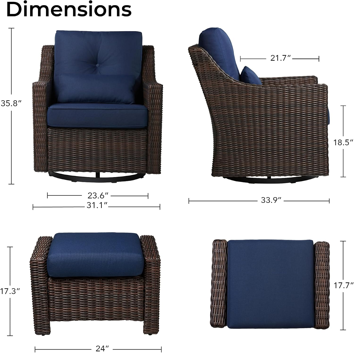 CHITA 2 Pieces Patio Wicker Furniture Set, Outdoor Rattan Bistro Set with Rocking Swivel Chair, Thickened Cushions and Ottoman