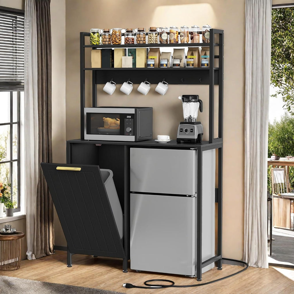 YITAHOME Farmhouse Pantry Cabinet with Built-in Trash Can Bin & Power Outlets, 4-Tier Bakers Rack for Mini Fridge, Microwave, Freestanding Storage Organizer for Kitchen, Black