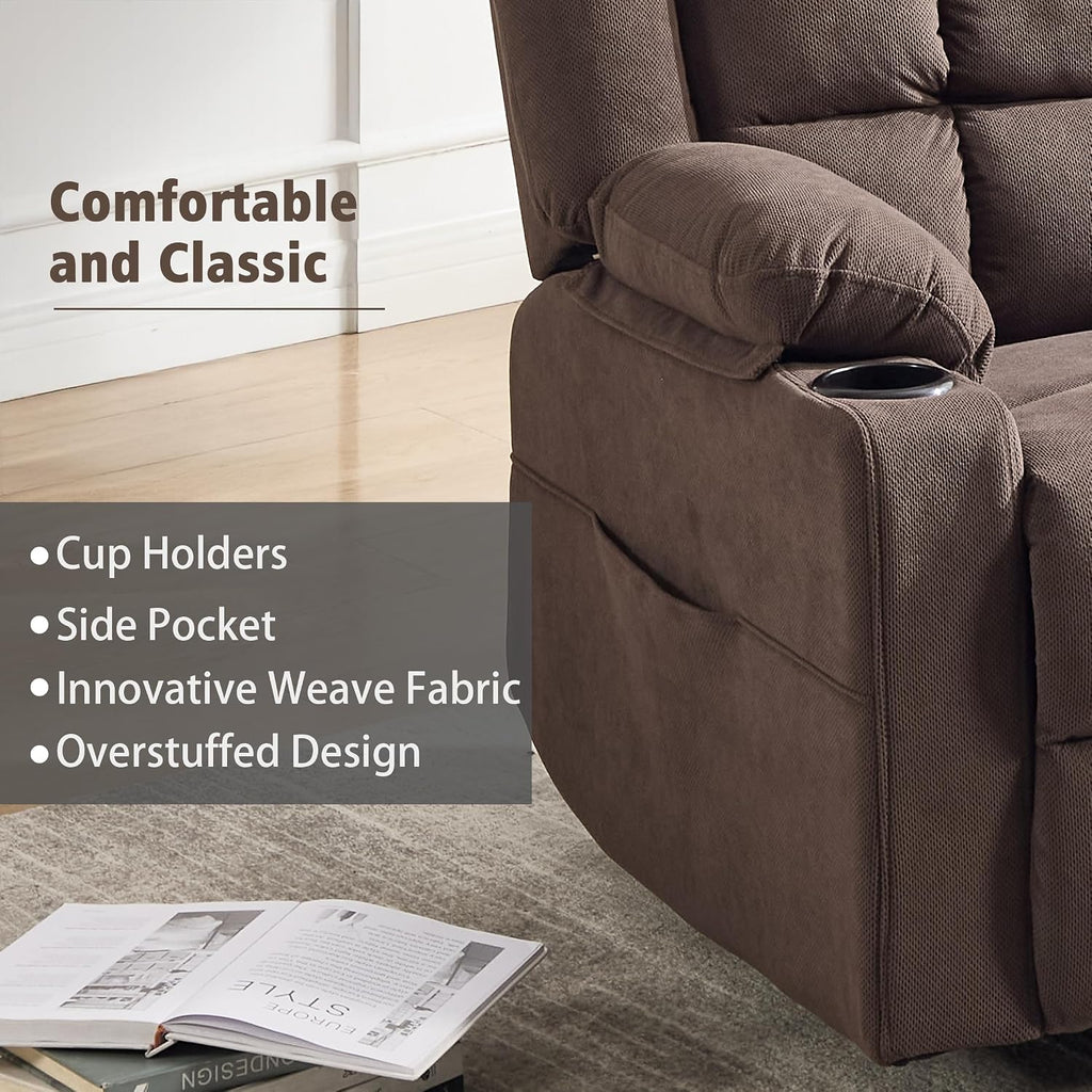 Ketaiyou Swivel Rocker Recliner Chair for Adults with Massage and Heat, Cup Holders and Side Pockets, Glider Rocking Reclining Single Sofa Chair for Living Room (Cocoa)