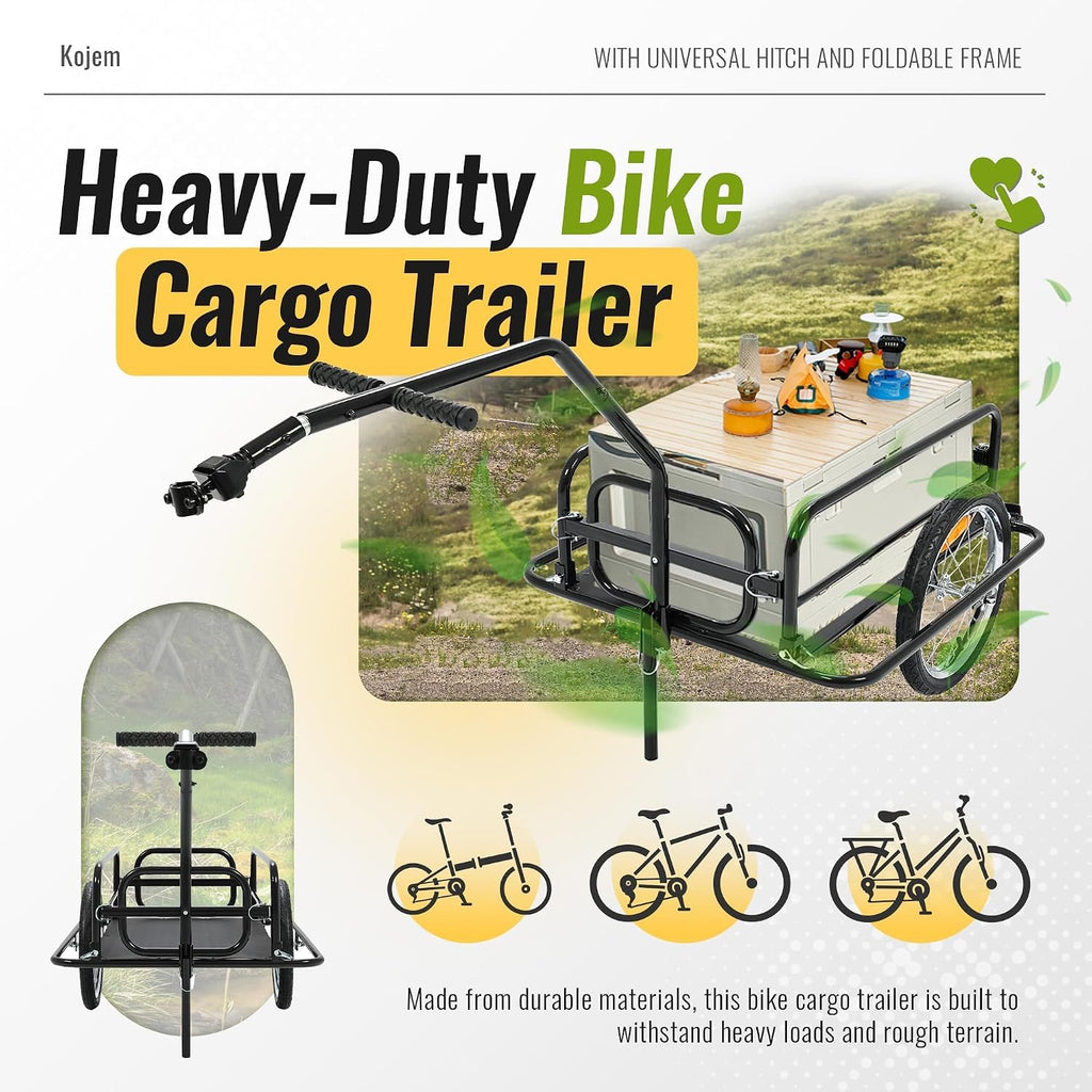 Kojem Foldable Bike Cargo Trailer, Heavy-Duty Storage Bicycle Trailer 110 lbs Capacity, 16IN Wheel Bike Wagon Cart, with Universal Hitch and Foldable Frame, Fit for Pet, Shopping, Park Picnics