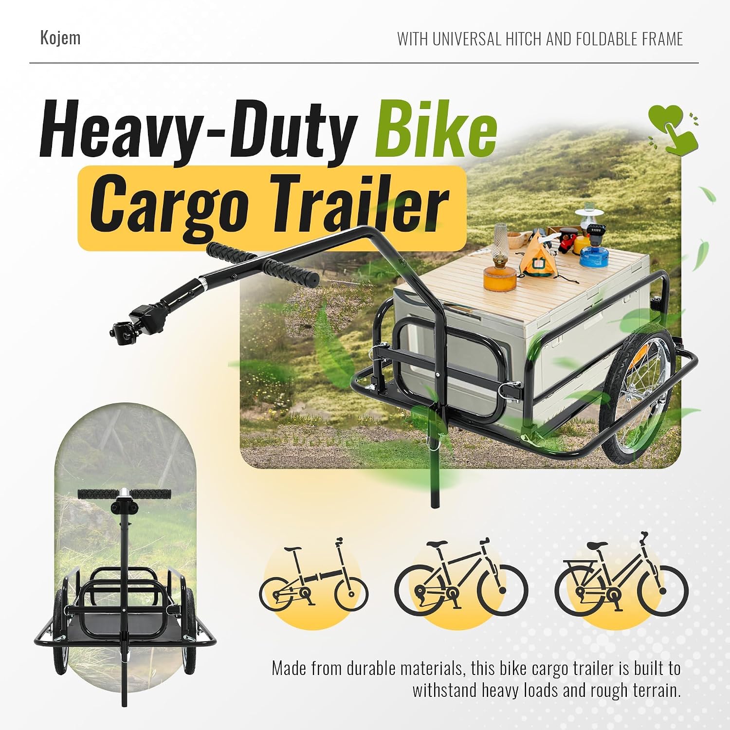 Kojem Foldable Bike Cargo Trailer, Heavy-Duty Storage Bicycle Trailer 110 lbs Capacity, 16IN Wheel Bike Wagon Cart, with Universal Hitch and Foldable Frame, Fit for Pet, Shopping, Park Picnics