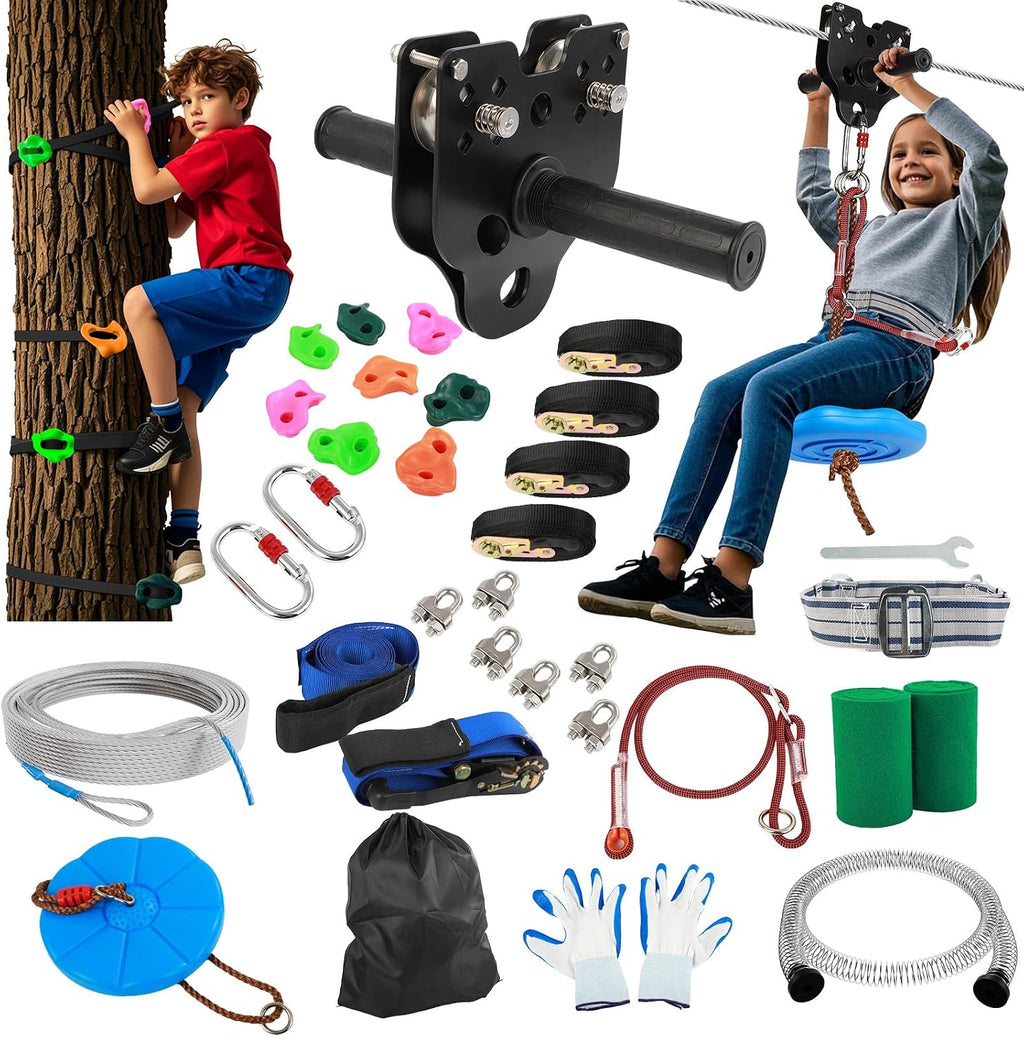 Zipline for Backyard Kids and Adults: 180FT Up to 400 lbs - Updated Removable Design Trolley,Thickened Seat,Safety Harness,Quick Tighten Zipline Kits for Outdoor