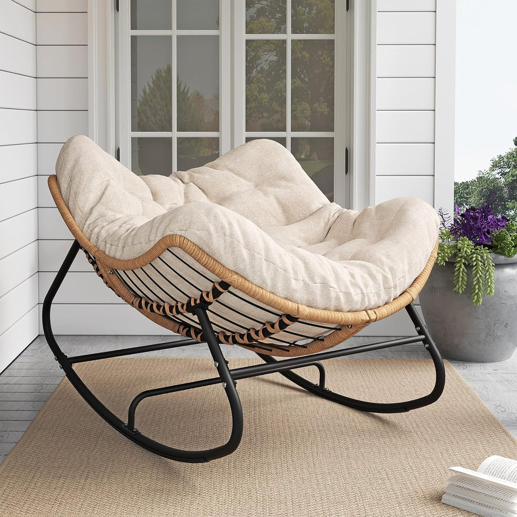 LEYCAY Outdoor Rocking Chair, Oversized Papasan Chair, Indoor Comfy Lounge Rocker with Cushion for Patio, Living Room, Porch, Balcony-Cream