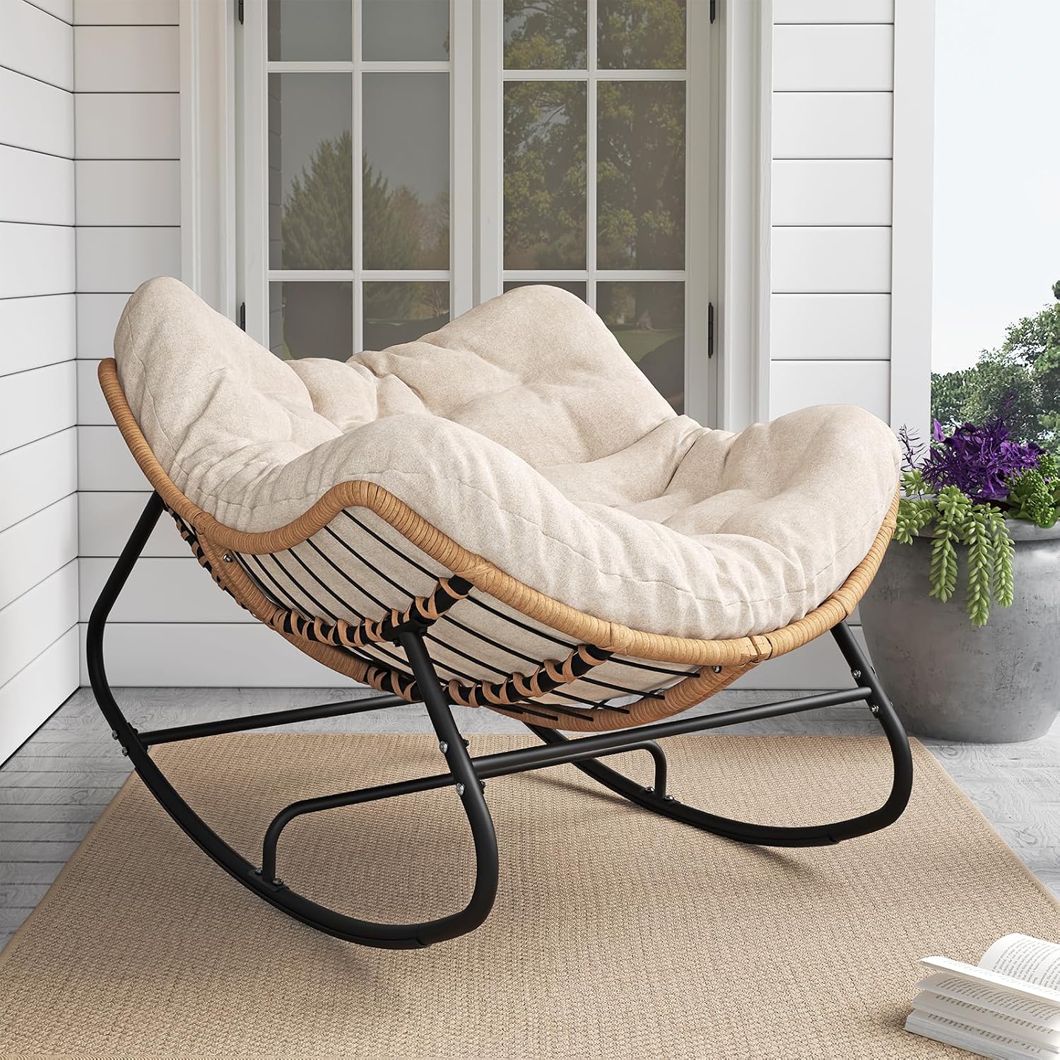 LEYCAY Outdoor Rocking Chair, Oversized Papasan Chair, Indoor Comfy Lounge Rocker with Cushion for Patio, Living Room, Porch, Balcony-Cream
