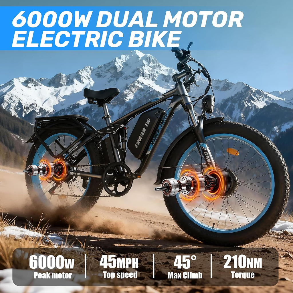 Dual Motor Electric Bike for Adults,6000W Peak,45MPH,60V&52V/25Ah Battery,26''&24'' Fat Tire,Up to 110 Miles Range,SHM 7-Speed Gear Ebike