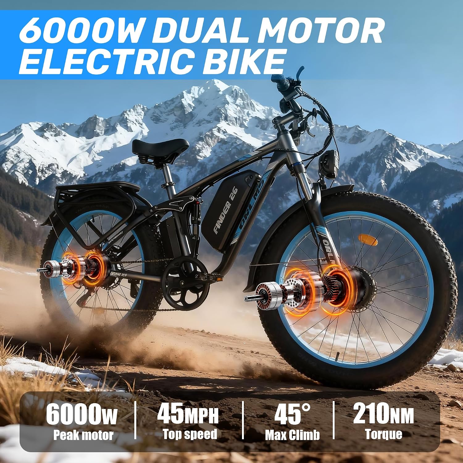 Dual Motor Electric Bike for Adults,6000W Peak,45MPH,60V&52V/25Ah Battery,26''&24'' Fat Tire,Up to 110 Miles Range,SHM 7-Speed Gear Ebike