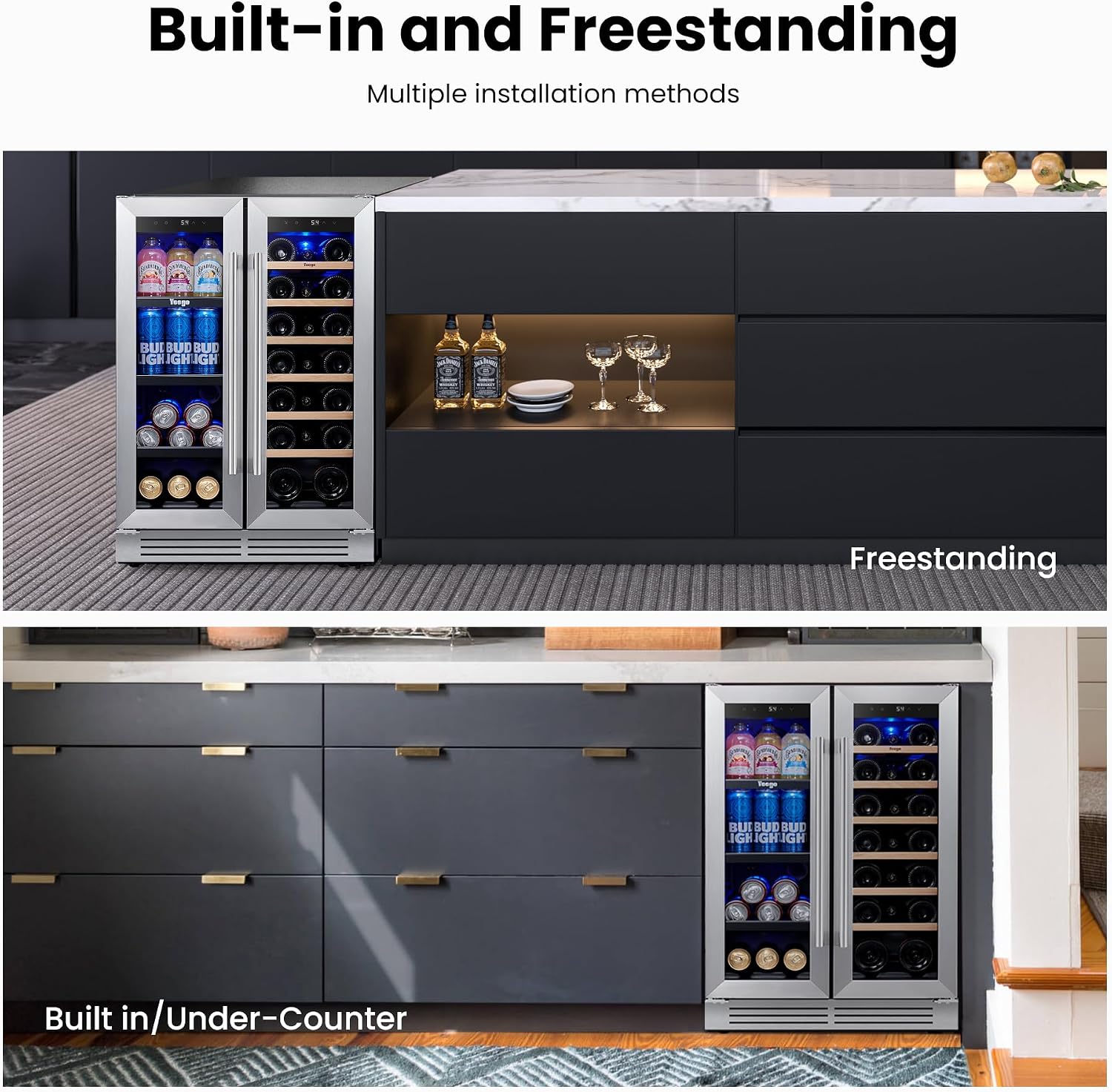 Yeego Wine & Beverage Refrigerator, 24 Inch 60 Cans and 20 Bottles Dual Zone Wine Cooler with Glass Door, 36-72°F Drink Cooler for Built-in or Freestanding, For Kitchen,Bar or Office