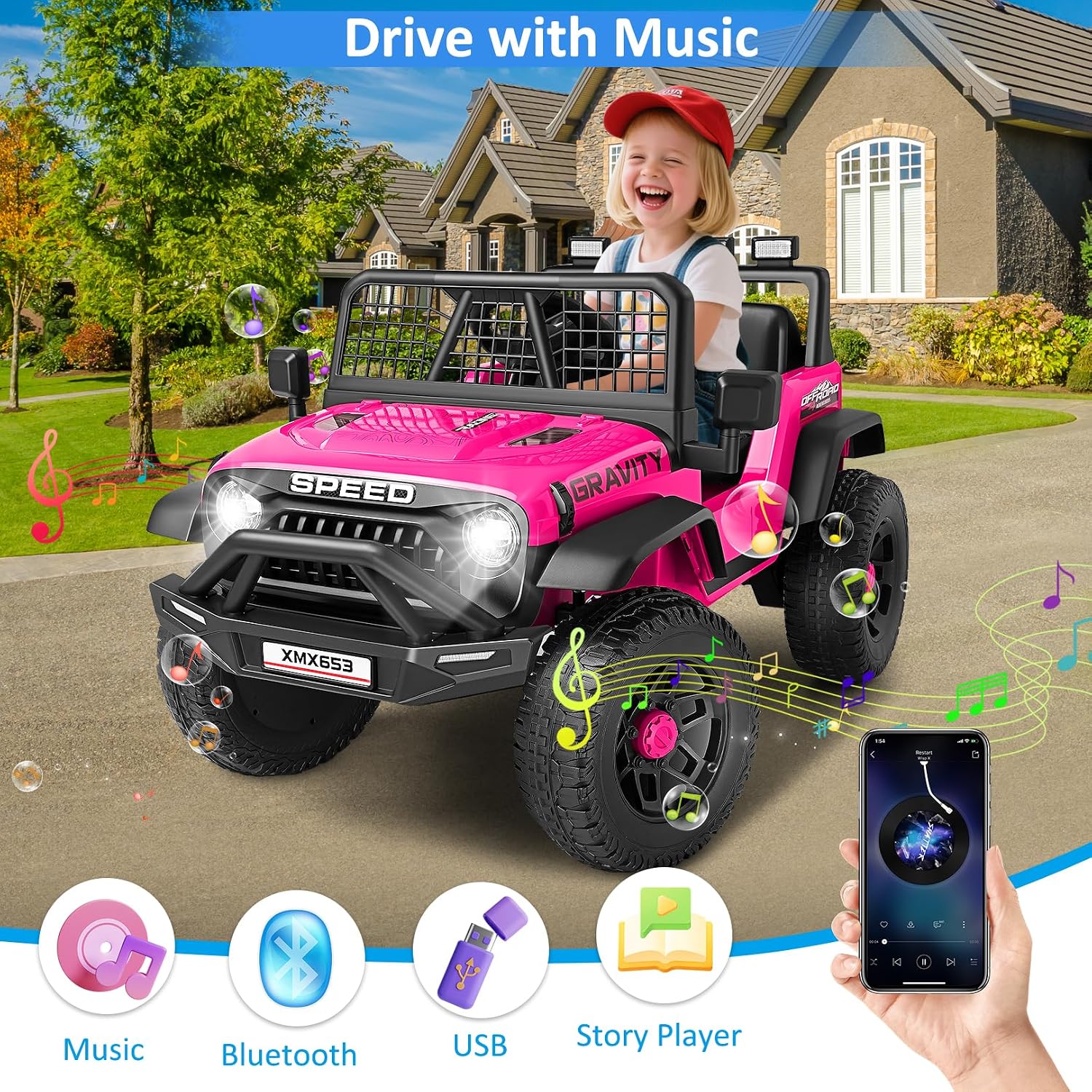 Hikole 12V Kids Electric Car with Remote Control, 1-Seater Ride on Truck Toy, Bluetooth Music, Dual Steering Wheel, Shock Absorbing Suspension, LED Lights & Safety Belt for Boys Girls Ages 3-6