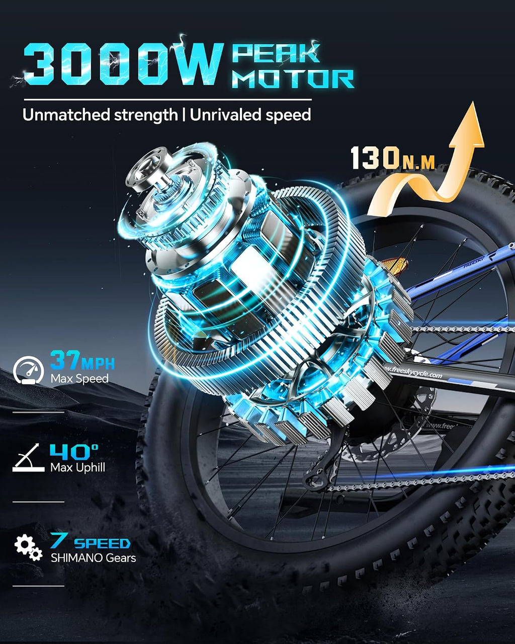 FREESKY 3000W Electric Bike for Adults, 37MPH & 95Miles Range, Dirt All-Terrain Electric Bicycle, 48V 25Ah Removable Battery,26' Fat Tire Full Suspension Mountain Ebike, UL2849 Certified by TÜV