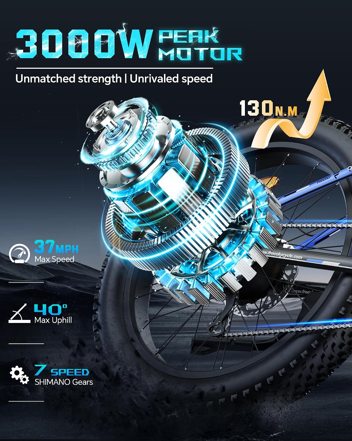 FREESKY 3000W Electric Bike for Adults, 37MPH & 95Miles Range, Dirt All-Terrain Electric Bicycle, 48V 25Ah Removable Battery,26' Fat Tire Full Suspension Mountain Ebike, UL2849 Certified by TÜV