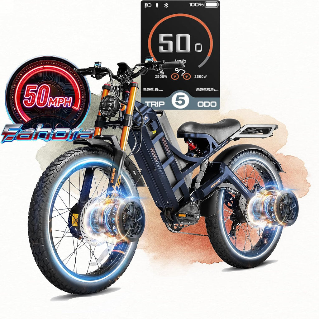 eAhora 2026 Romeo Pro 3 50MPH Electric Bike for Adults 5600W Dual Motor E Bike 60V/80Ah 250 Miles Long Range Electric Bicycle,26 * 4.0 Fat Tire Full Suspension Electric Mountain Bike Delivery Commute
