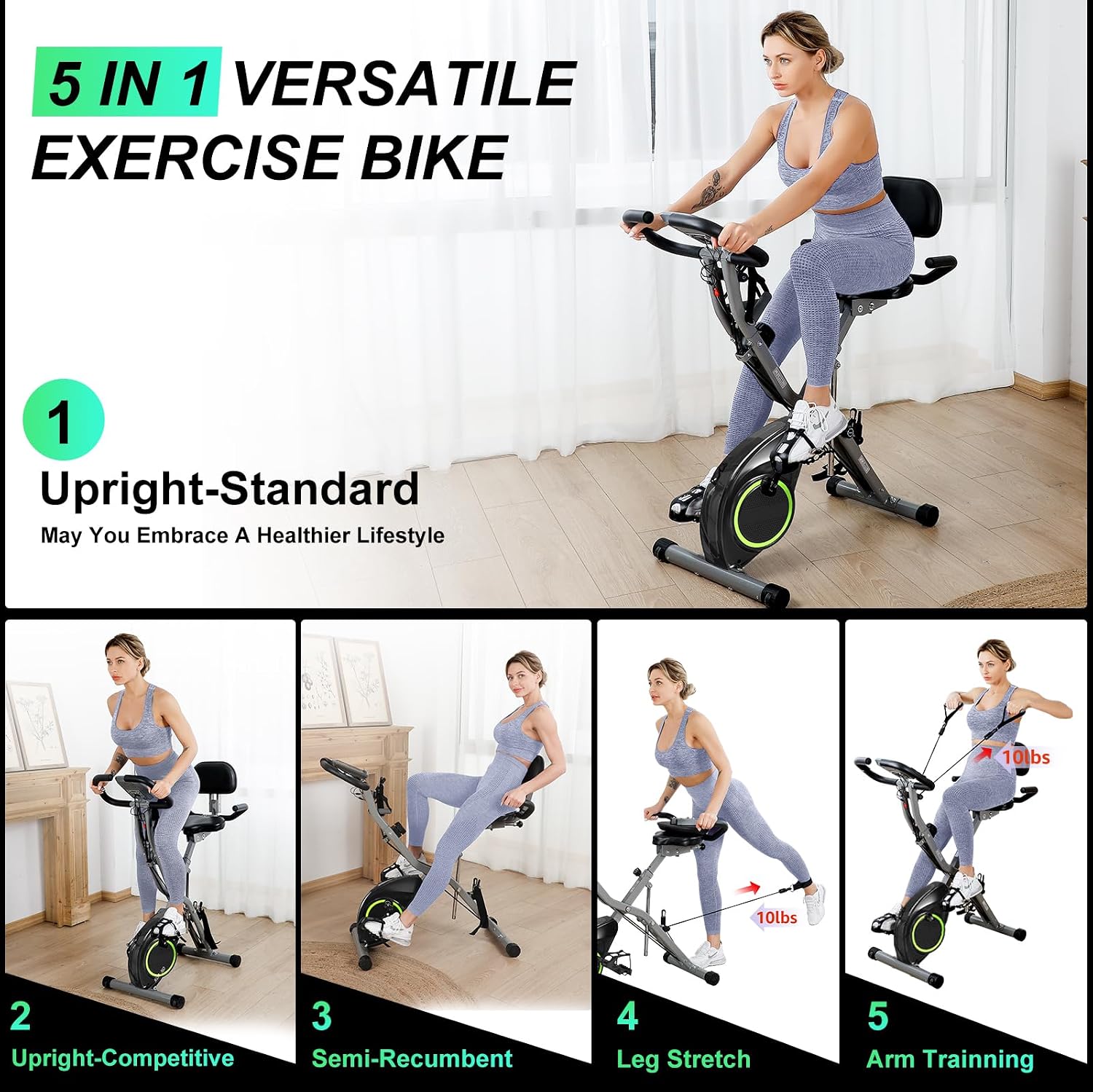 USLIM Foldable Exercise Bike Stationary Bikes for Home, 5 IN 1 Indoor Workout Bike, Cycling Bike with 16-Level Quiet Magnetic Resistance, 6.6 LBS Flywheel and 300LBS Capacity for Senior and Home Workout