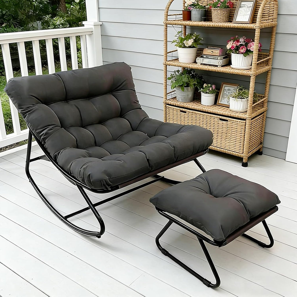Oversized Papasan Rocker, Comfy Patio Rocking Chair, Outdoor Rocker Chair, Indoor Rocking Egg Chair with Cushion & Ottoman for Bedroom, Living Room, Front Porch (Grey)