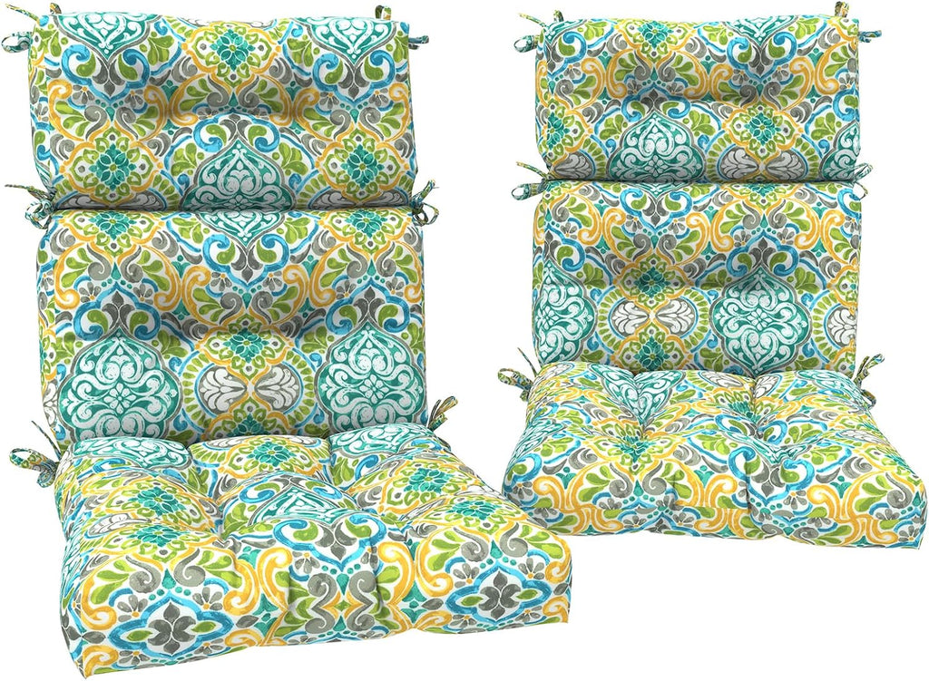 DYTXIII Outdoor High Back Chair Cushions Set of 2, Water Repellent Tufted Rocking Seat Cushions Replacement 44 x 22 Inch, Seat & Back Chair Pads for Patio, Balcony and Indoor Use -Damask Green