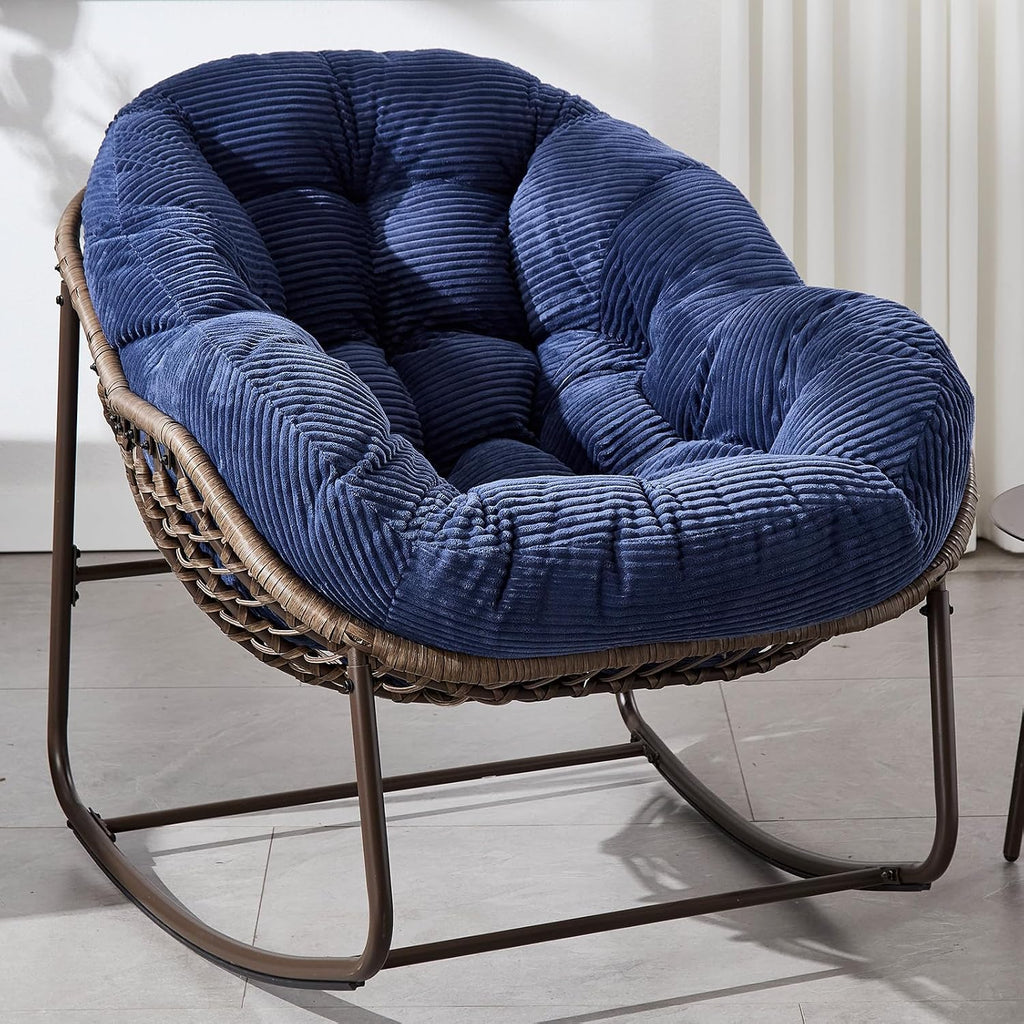 37' Papasan Rocking Chair with Cushion and Steel Frame, Oversized Outdoor Egg Rocking Chair, Rattan Circle Chairs for Grand Patio and Garden (Navy Blue+Curdoroy)