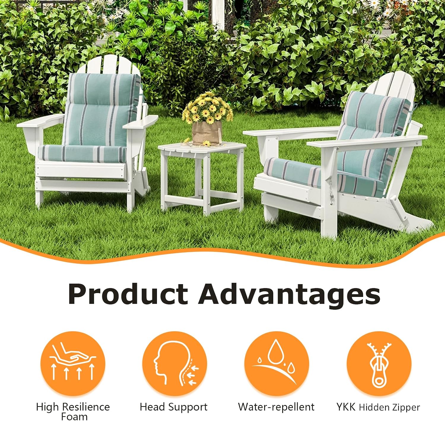 Unimatta Outdoor Separate High Back Chair Cushion Seat Pads, 2-Pack 44 x 21 Inch Water-Repellent & Fade-Resistant Patio Furniture Cushions with Ties for Adirondack, Rocking Chairs, Aqua Stripe