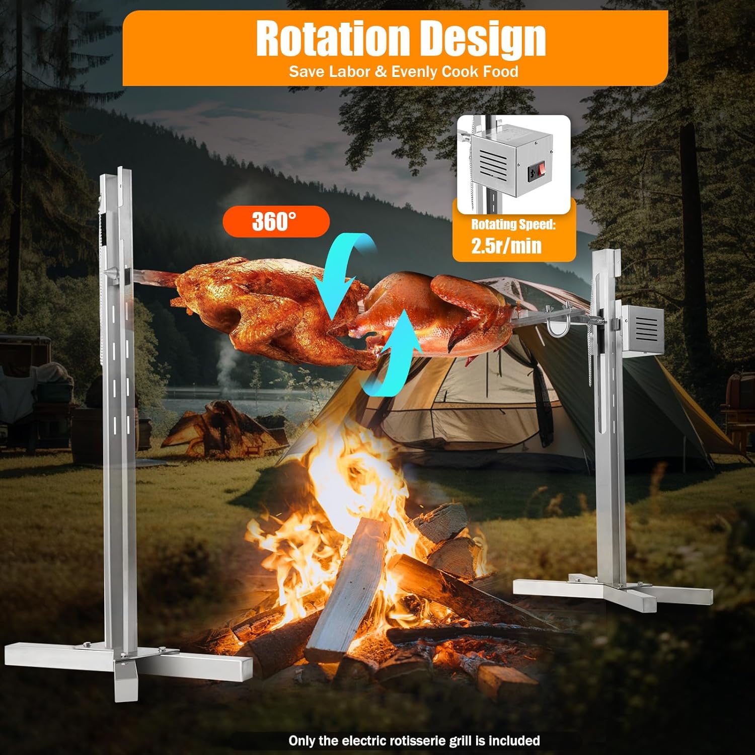 360° Rotation Barbecue Rack, Adjustable Height Electric BBQ Grill Hanging Large Spit Roaster Outdoor Barbecue Rack for Wilderness and Camping, 88.18 Max Load