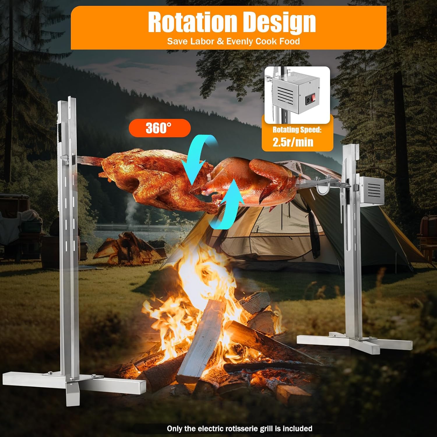 53'' Bbq Grill Stainless Steel Rotating Spit Roaster, Large Stand Charcoal Bbq Party Kit 5 Gear Height Adjustable, Outdoor Picnic Cooker With Motor For Grilling Meat/Fish/Chicken, Camping Bbq Rack