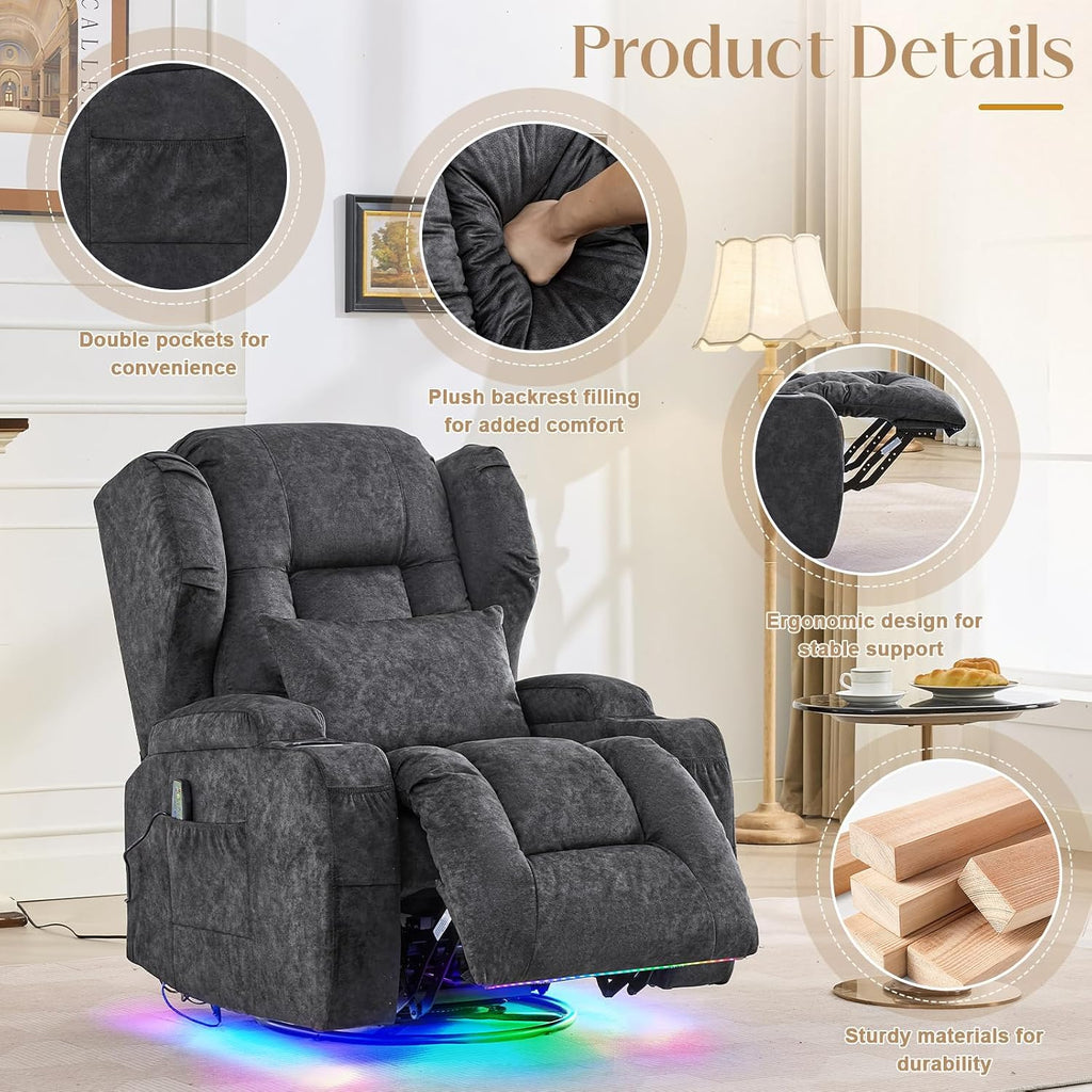 Power Swivel Rocker Recliner Chair with Massage & Heat, Dual Motor Electric Glider Rocking Recliner with USB Ports, Cup Holders & LED Light for Living Room, Home Theater (Grey)