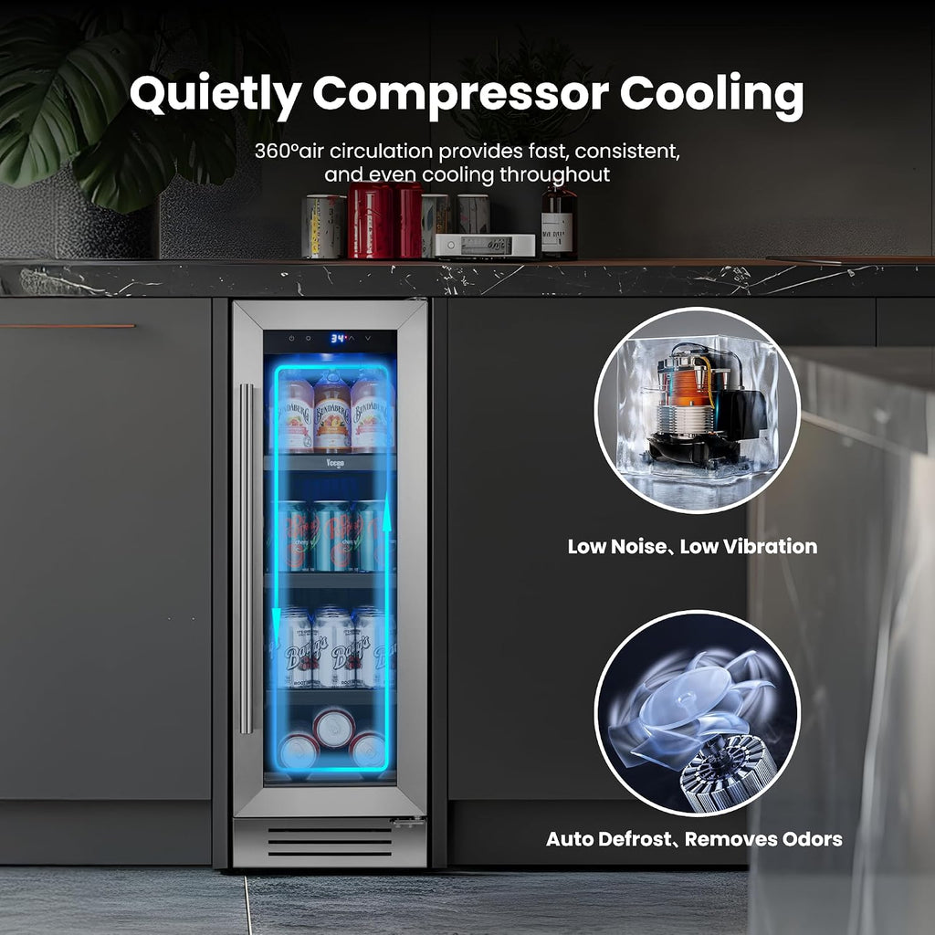Yeego 12 Inch Beverage Refrigerator - 60 Cans Compact Beverage Cooler with Glass Door, Under Counter Drink Fridge Built-In or Freestanding for Soda, Beer & Wine, Office, Kitchen or Home Bar