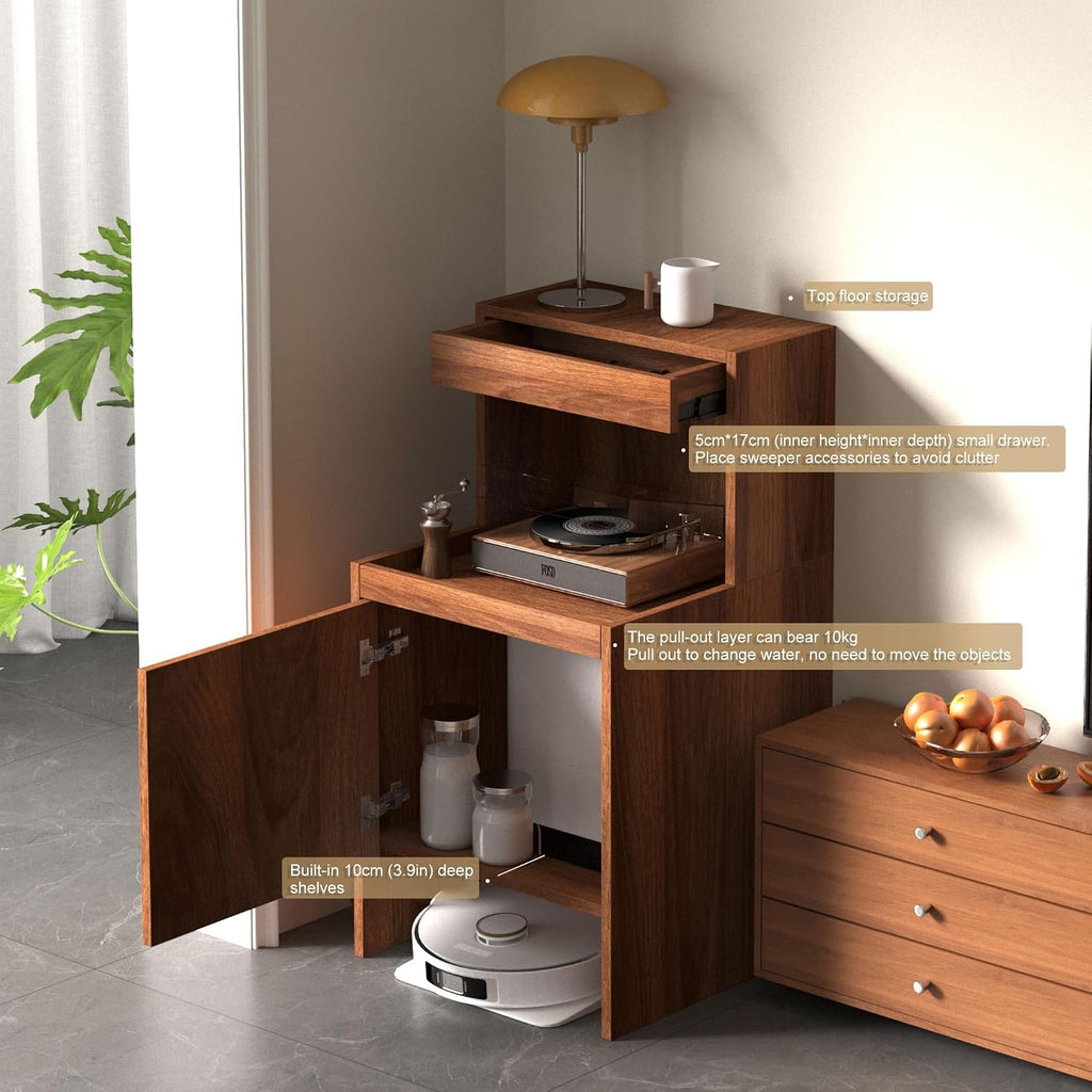 Robot Vacuum Stand Cabinet,Storage Cabinet with Doors and Drawers for Robot Vacuum Cleaner,Wood Bathroom Cabinet,Side Table for Living Room, Home Office(Brown,H65cm/25.6in)