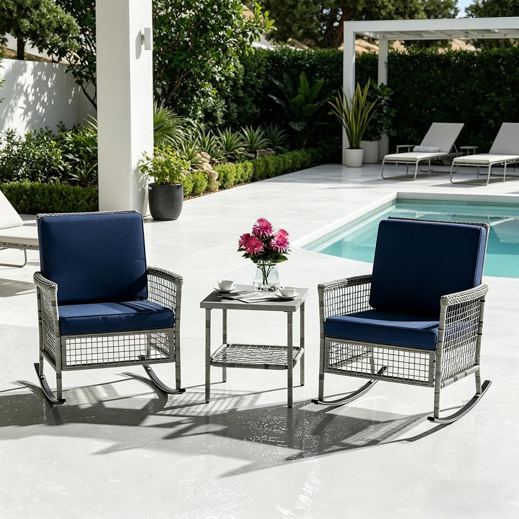 DECMICO 3-Piece Wicker Rocking Chair Set, Patio Bistro Furniture with Cushions & Side Table, Rattan Outdoor Conversation Bistro Set for Outdoor Use, Gray Rattan Navy Cushion