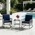 DECMICO 3-Piece Wicker Rocking Chair Set, Patio Bistro Furniture with Cushions & Side Table, Rattan Outdoor Conversation Bistro Set for Outdoor Use, Gray Rattan Navy Cushion