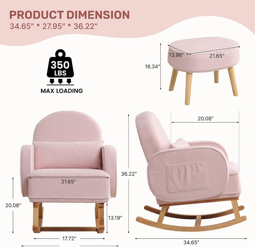 HCHAIRH Rocking Chair Nursery with Ottoman, Upholstered Glider Rocker with High Backrest and Side Pocket, Rocking Accent Armchair with Solid Wood Legs for Nursery/Living Room/Bedroom Pink