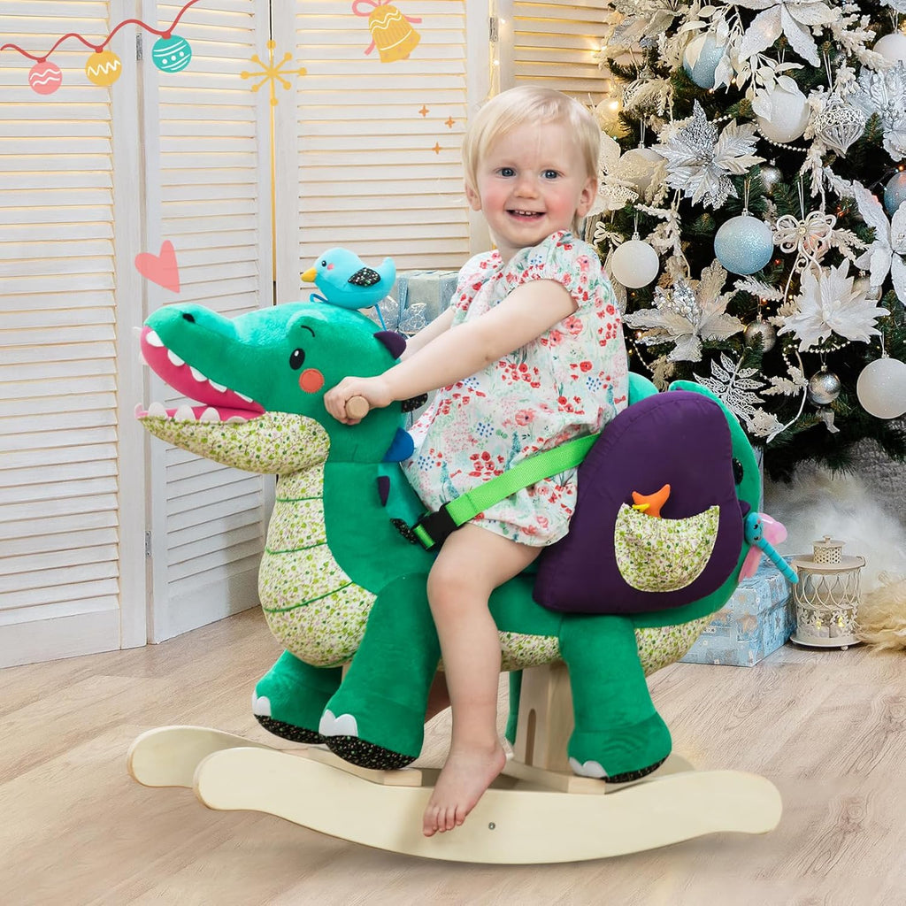 labebe Child Rocking Horse Toy, Stuffed Animal Rocking Horse, Green Crocodile Plush Rocker Toy for Kid 6 Month -3 Years, Wooden Rocking Horse Chair/Rocker/Animal Ride on