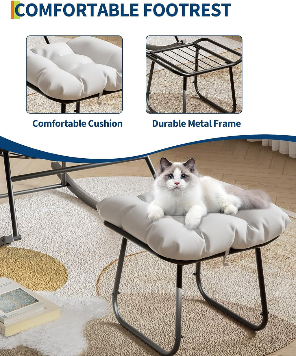 GarveeLife Outdoor Oversized Papasan Rocking Chair with Footrest, Patio Lounge Chair with Ottoman and Sturdy Metal Frame, Patio Rattan Egg Rocker for Balcony Backyard Porch Bedroom, White