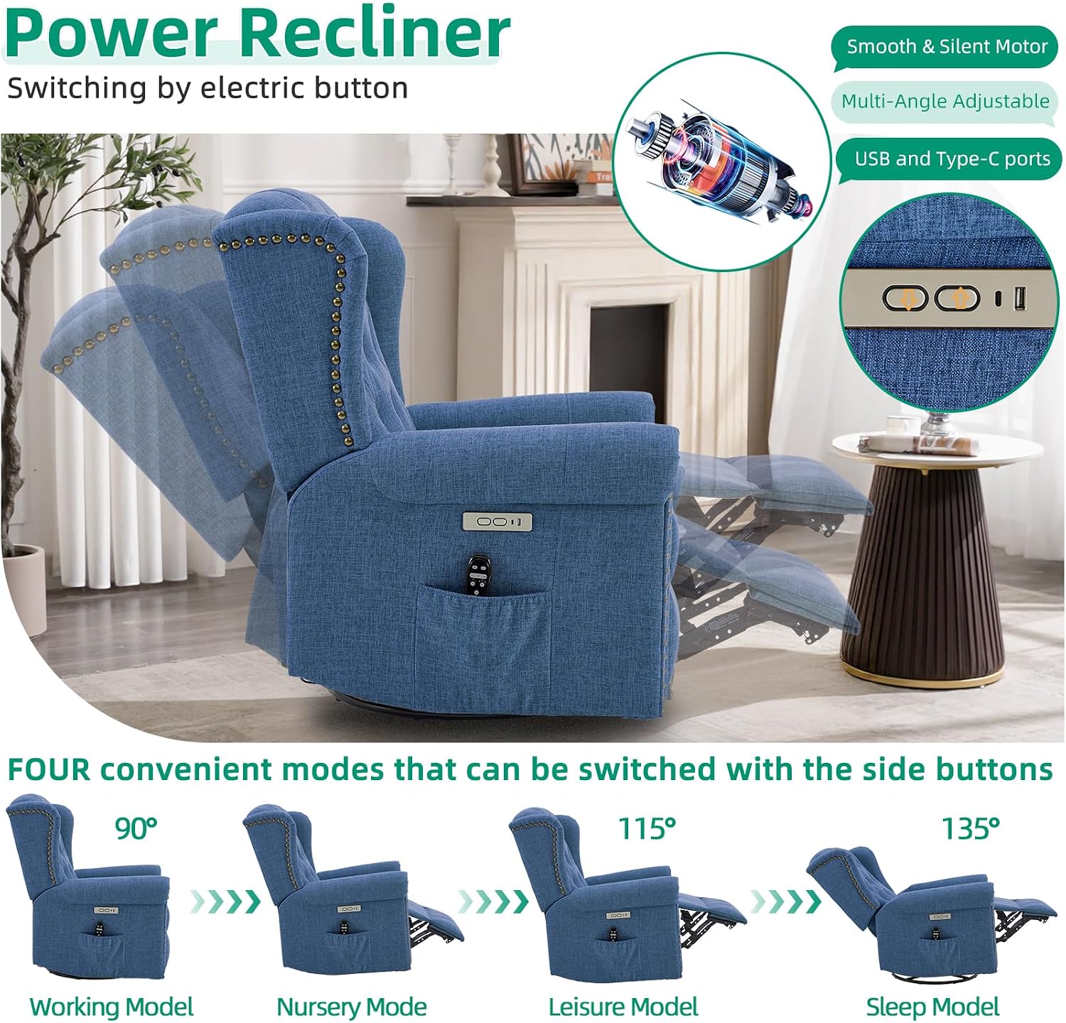 VIVIJASON Power Swivel Rocking Recliner Chair with Massage & Heat, Electric Rocker Glider Chair for Nursery, Wingback Tufted Upholstered Recliner W/Type-C & USB Ports for Living Room, Bedroom, Blue