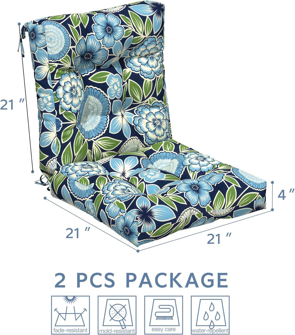 LVTXIII Outdoor Solid Low Back Cushion, Patio Tufted Replacement Rocking Chair Cushion with Ties, 2 Count Seat and Back Chair Cushions for Patio Furniture Use, 42 L x 21 W, Azure Botanical Symphony‌