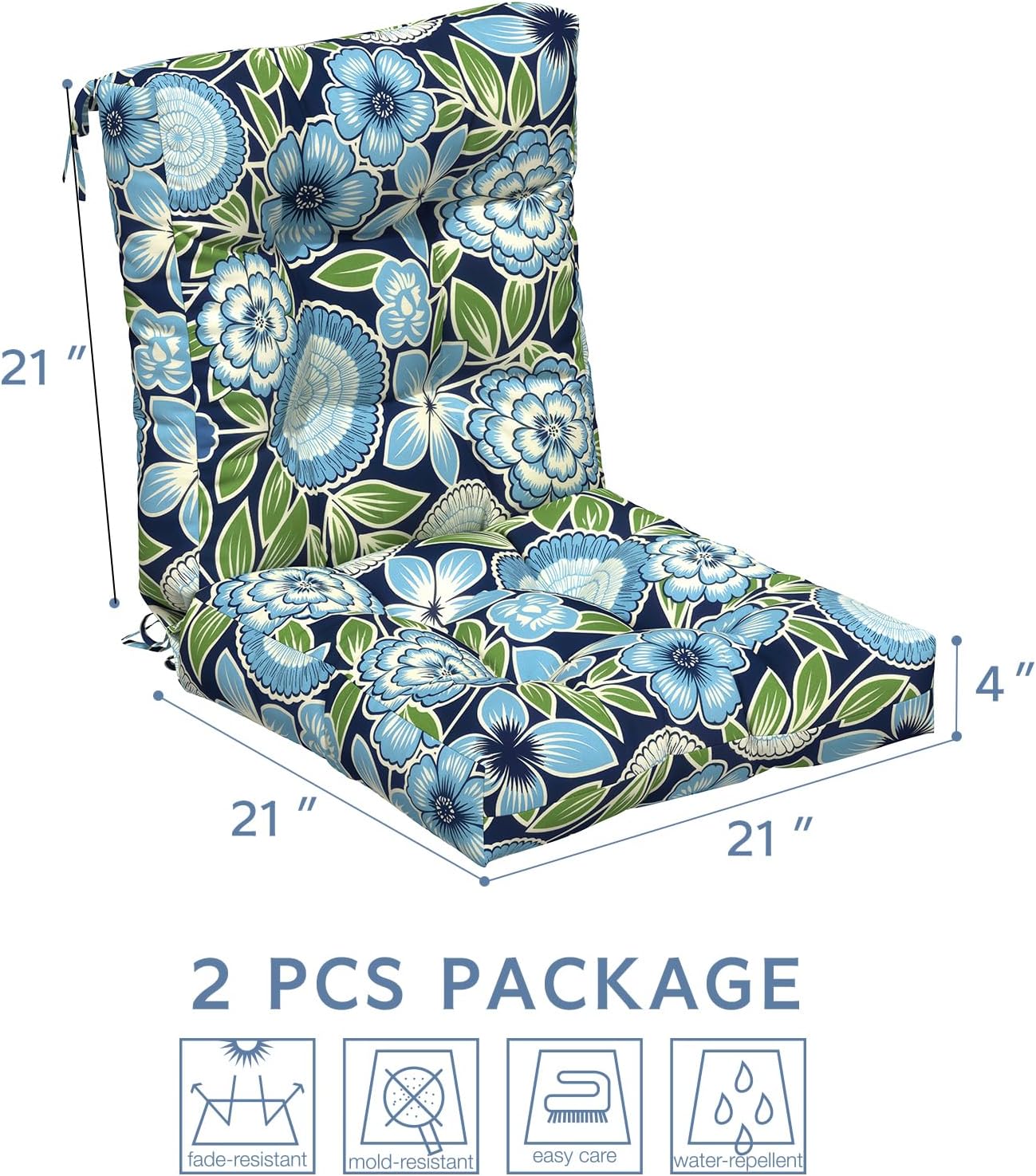 LVTXIII Outdoor Solid Low Back Cushion, Patio Tufted Replacement Rocking Chair Cushion with Ties, 2 Count Seat and Back Chair Cushions for Patio Furniture Use, 42 L x 21 W, Azure Botanical Symphony‌