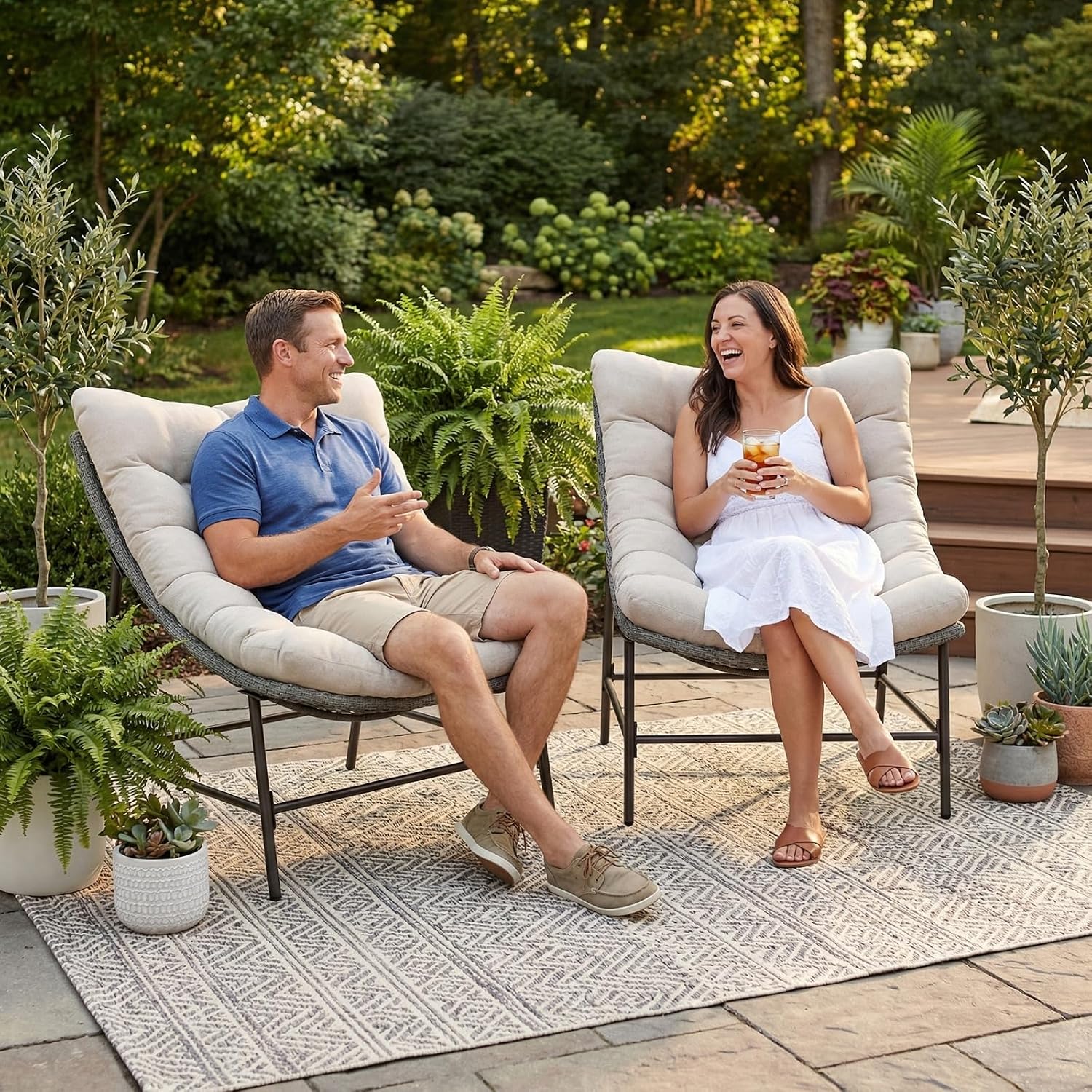 PHI VILLA Outdoor Papasan Chairs Set of 2, Oversized Scoop Wicker Chairs with Cushions & Steel Frame, Double Comfy Conversation Reading Furniture for Apartment Patio, Porch, Deck, Balcony