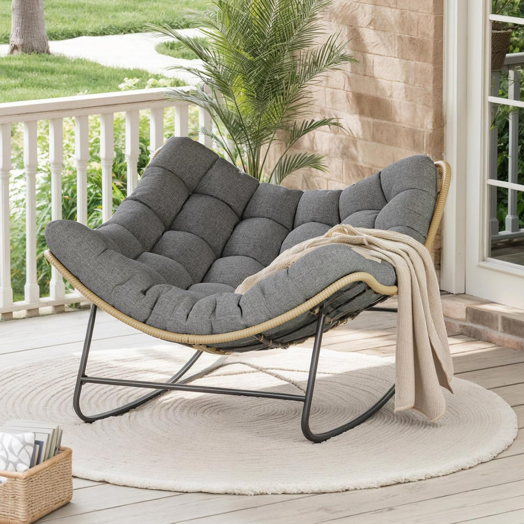 UDPATIO Outdoor Papasan Rocking Chair, Wicker Papasan Lounge Chair with 5.1' Thickened Water-Resistant Cushion & Anti-Slip Bar, for Porch, Balcony, Patio or Indoor, Dark Grey