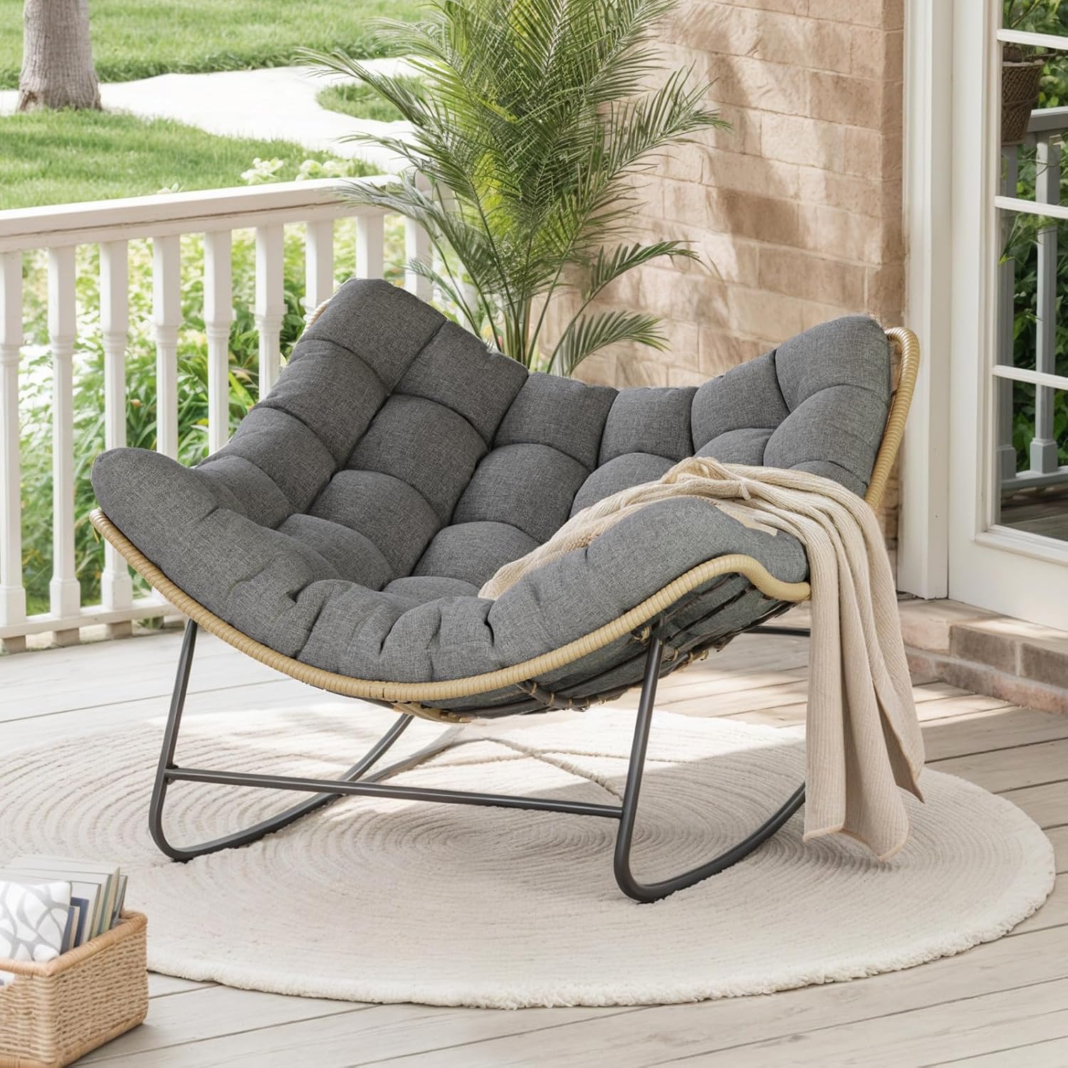 UDPATIO Outdoor Papasan Rocking Chair, Wicker Papasan Lounge Chair with 5.1' Thickened Water-Resistant Cushion & Anti-Slip Bar, for Porch, Balcony, Patio or Indoor, Dark Grey