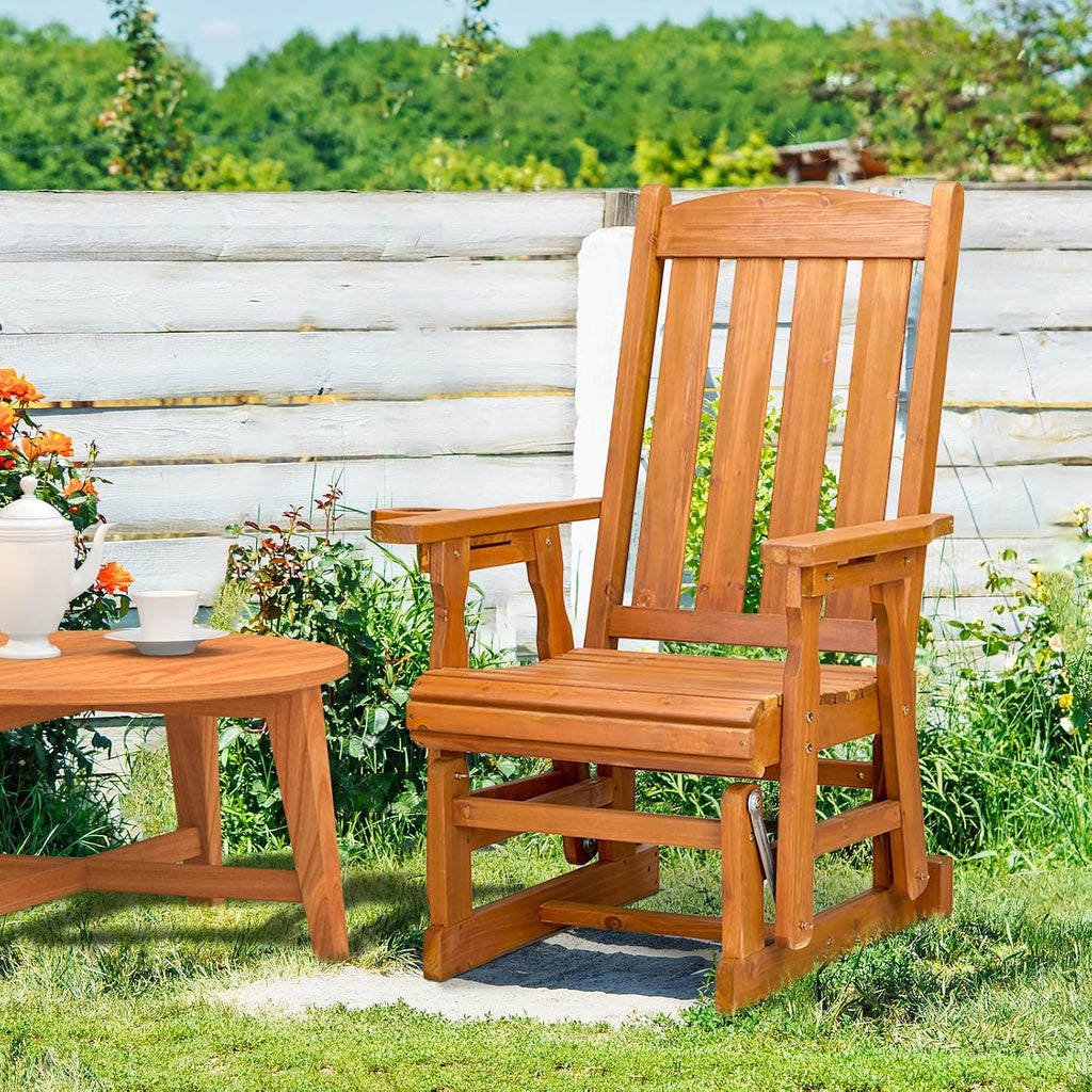 Bonnlo Outdoor Glider Chair Wood Patio Glider with Cup Holder, Porch Glider with Smooth Rocking Mechanism, Heavy Duty 600 LBS