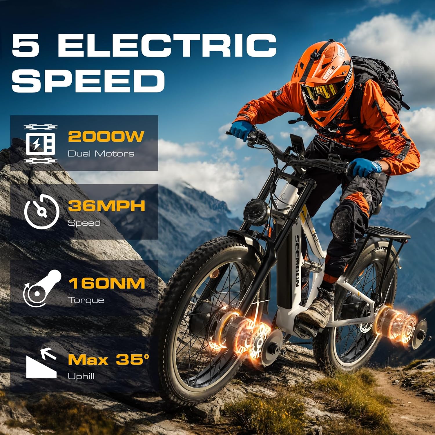 Seemoon Electric Bike for Adults, 52V 20Ah 26' Fat Tire Fast Ebike, up to 100 Miles, Hydraulic Brakes, Off-Road Mountain Hunting AWD Ebike for Men (White&Orange)