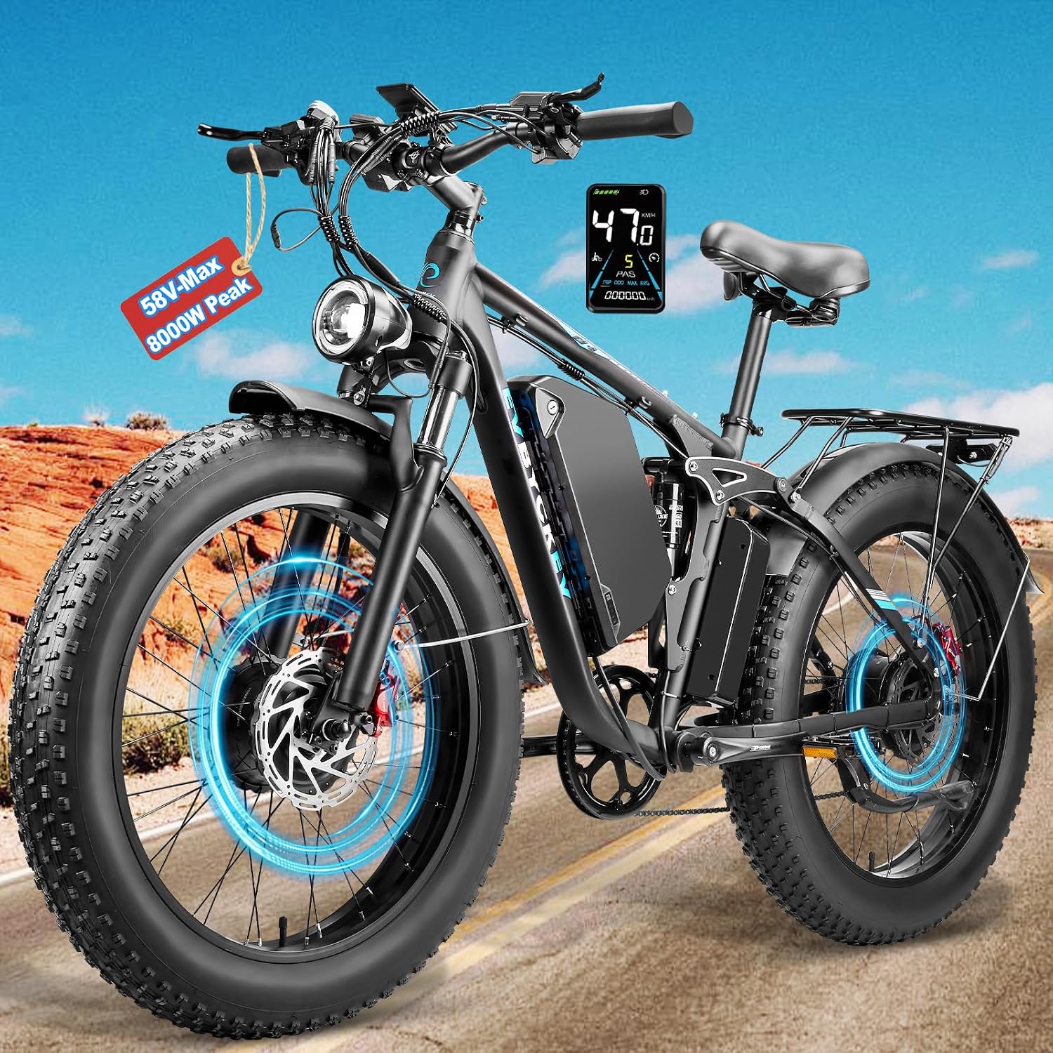 9000W Peak Electric Bike,58V Max-Output Dual Motor Ebike for Adults, 47MPH 1856Wh Fast E Bike,Up to 105Miles 24' x4.0 Fat Tire Full Suspension Mountain E Bicycle for Sand Beach Commuter
