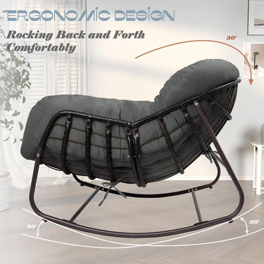 Outdoor Papasan Rocking Chair, Oversized Patio Rocking Chairs with Padded Cushion& Pillow-Comfortable Rocker Egg Chair for Front Porch, Garden, Patio, Backyard,2PC,Grey