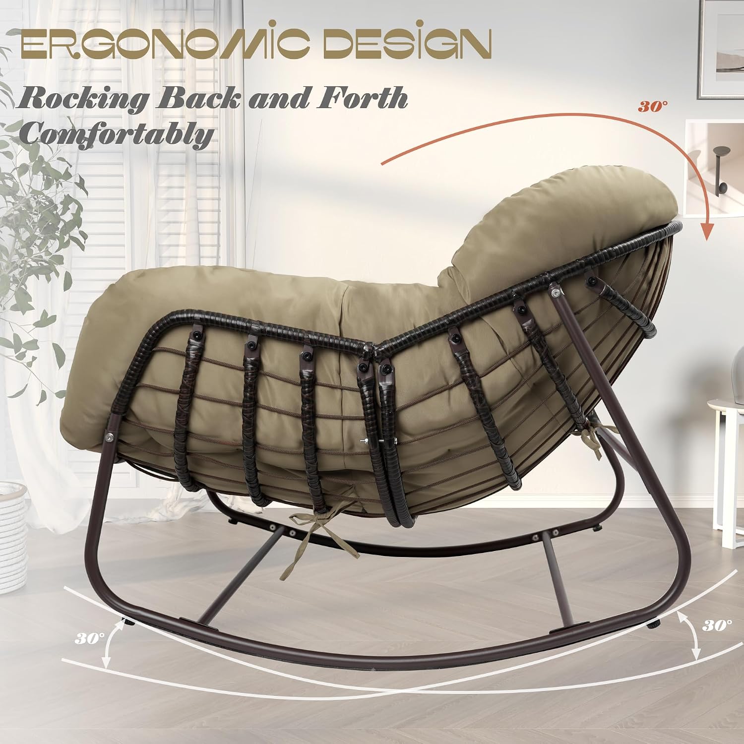 Outdoor Papasan Rocking Chair, Oversized Patio Rocking Chairs with Padded Cushion& Pillow-Comfortable Rocker Egg Chair for Front Porch, Garden, Patio, Backyard,2PC,Khaki