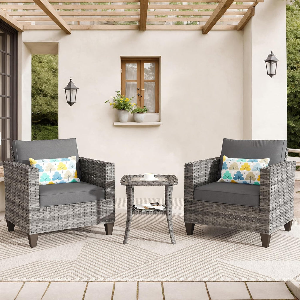 ovios 3 Pieces Patio Chair Set with Side Table, Outdoor Wicker Chairs of 2 with Comfy Cushions, High Back Rattan Armchairs Bistro Set for Porch Deck Garden, Dark Grey